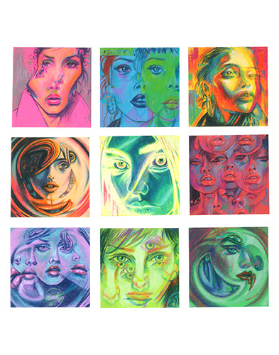 Nine brightly colored, distorted portrait studies are arranged in a three-by-three grid of small square artworks.