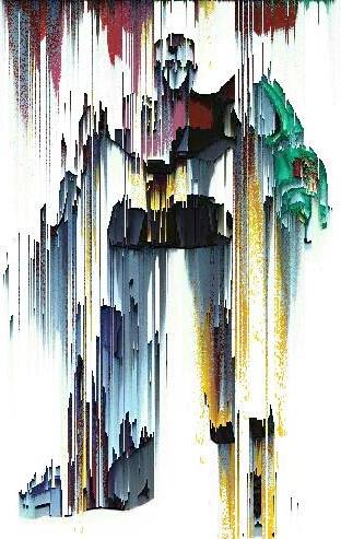 An armored science-fiction bounty hunter is fragmented into long vertical streaks of black, gray, yellow, green and red.