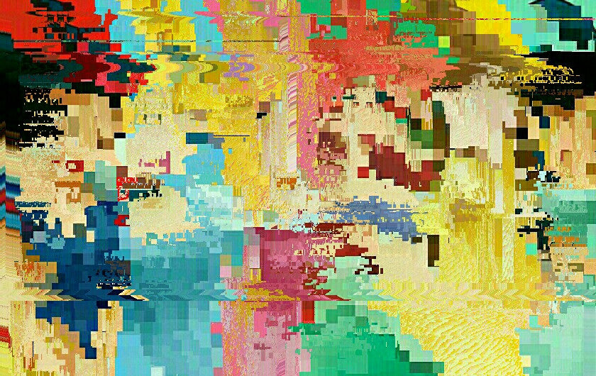 A landscape-format portrait is heavily fragmented into rectangular blocks of yellow, turquoise, pink, green, orange and black.