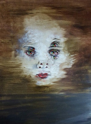 A pale face with brightly colored eyes and red lips emerges from horizontal brown, gold and blue-gray streaks.