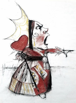 A shouting queen in profile wears a tall crown and heart-shaped red collar, drawn in loose black and red lines.