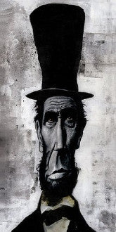 An elongated caricature of Abraham Lincoln wears an extremely tall black hat against a distressed gray background.