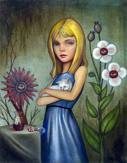 Blonde Alice in a blue dress stands with folded arms beside strange flowers with eyes and mouths.