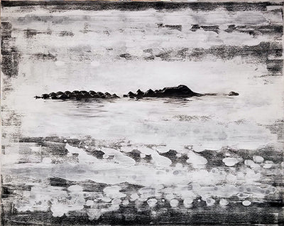 American alligator's head and ridged back break the surface of pale water in a black and white textured painting.