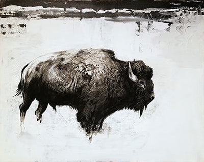 American bison in right-facing side profile, painted in dark brown and black against a pale, textured background.