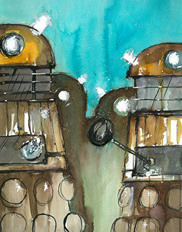 Two weathered gold robots with round lights and grid-like armor face one another against turquoise.