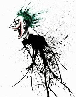 A grinning white-faced figure with spiky green hair and a black suit dissolves into branching black paint splatters.