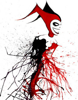A smiling woman in a red-and-black jester hood appears in profile, her body dissolving into matching paint splatters.