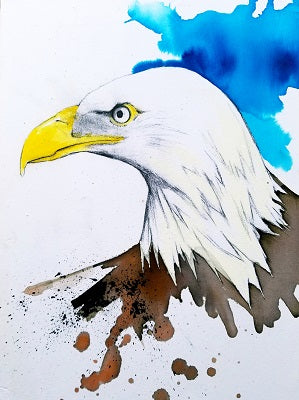 Bald eagle head in left-facing profile, with a yellow beak and eye, white feathers and blue and brown paint splashes.