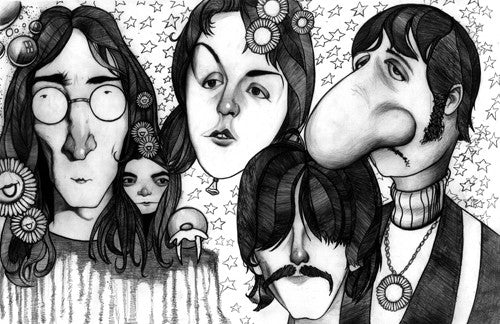 Black-and-white caricatures of four long-haired musicians overlap amid stars, flowers and swirling patterns.