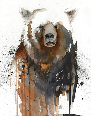 Front-facing brown bear with rounded ears and an open mouth, rendered in brown, black and gray washes and drips.