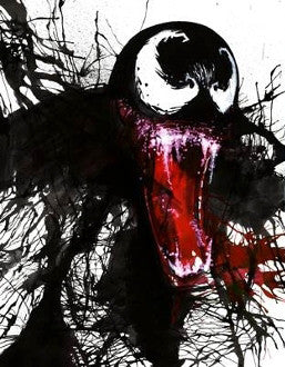 No. 11: Venom's black head with a white eye, open red mouth and sharp teeth amid black paint splashes on white.