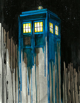 Blue police box with glowing yellow windows against a dark sky, its lower edges dissolving into long paint drips.