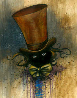 A shadowy face with bright eyes wears an oversized brown top hat and green bow tie amid dripping paint.