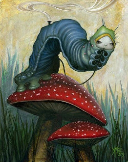 Blue Caterpillar with a pale face curls over red, white-spotted mushrooms beneath drifting smoke.