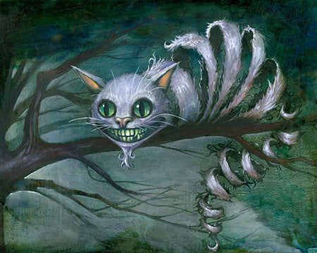 Cheshire Cat with green eyes and a wide grin, its striped body curling around a branch in a dark, misty forest.