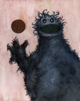 A shaggy blue cookie-loving monster raises one hand toward a floating brown cookie against a pale pink background.