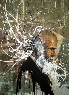 Portrait of Charles Darwin with a long white beard, surrounded by white splashes and looping lines over a muted brown background.