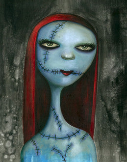 A blue-skinned, stitched young woman with long red hair gazes forward against a dark background.