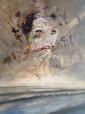 A woman's face emerges from fragmented gray, pink and tan brushstrokes above broad horizontal sweeps of paint.