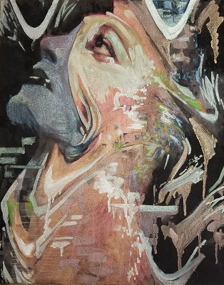 A close-up woman's face tilts upward, distorted by pale pink, gray and brown flowing brushstrokes.