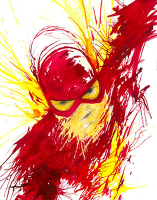 A red masked speedster with yellow eye shapes leans diagonally through red and yellow paint splashes.