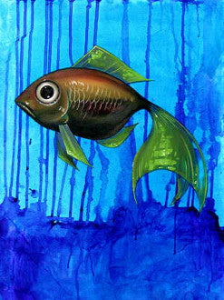 A large-eyed fish with a bronze body and angular green fins swims through dripping blue water.