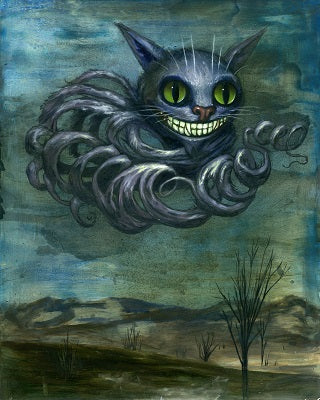 Grinning Cheshire Cat with bright green eyes floats as a curled, smoky gray body above a sparse landscape.