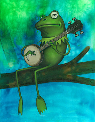 A green frog sits on a branch playing a banjo, with long legs dangling against a blue-green background.