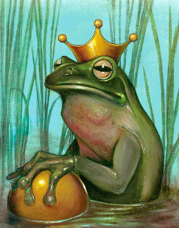 A green frog wearing a gold crown rests its hand on a golden ball among tall reeds.