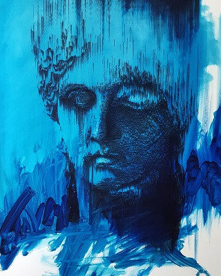 A solemn blue face is distorted by vertical streaks and fragmented cyan and navy paint.