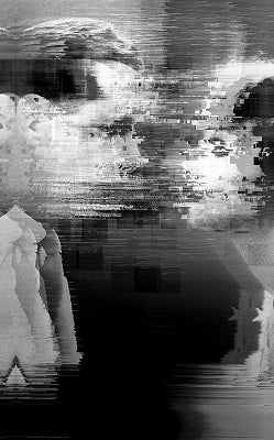 Two faces leaning toward each other are obscured by horizontal and vertical black-and-white glitch bands.