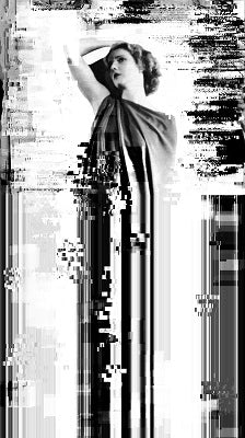 A black-and-white portrait of a woman with one raised arm stretches into vertical digital-looking streaks.