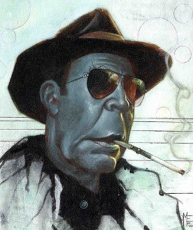 Stylized portrait of Hunter S. Thompson wearing a brown hat and dark sunglasses, with a cigarette holder in his mouth.