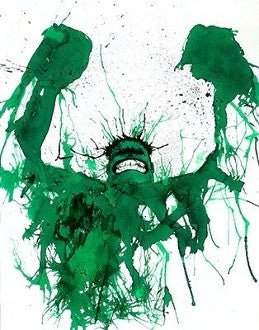 A muscular green figure raises both fists overhead, its body breaking into dripping green splatters on white.