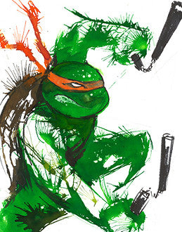 A green turtle wearing an orange eye mask crouches with nunchucks, its body dissolving into green, orange and black splashes.