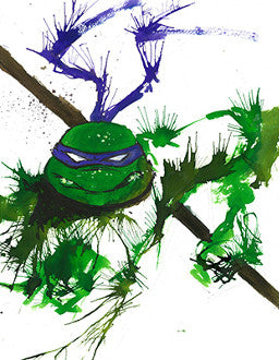 A green turtle wearing a purple eye mask grips a diagonal staff amid purple and green splatters.