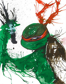 A green turtle wearing an orange eye mask holds nunchucks, surrounded by orange and green splashes.