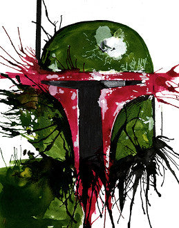 No. 21: Boba Fett's green helmet with a red T-shaped visor surround, rendered in green, red and black paint splashes on white.