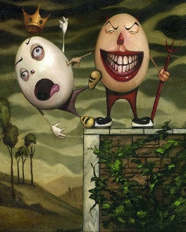 Two expressive egg-shaped characters on a high stone wall: one tumbles backward while the other grins beneath a stormy sky.