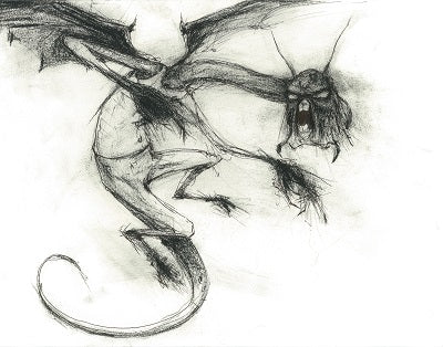 A sketchy black-and-gray winged creature with long limbs and a curled tail twists diagonally across white.