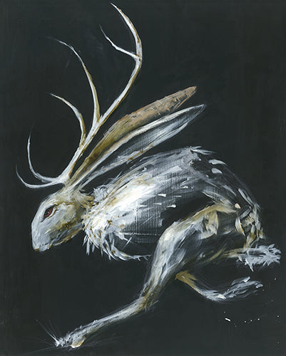 A gray rabbit with long antlers leaps diagonally across a dark charcoal background in loose white and brown strokes.
