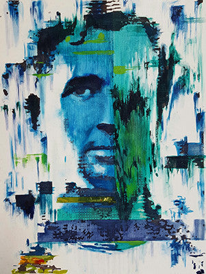 A blue portrait associated with Kerouac is broken into turquoise, green, navy and white rectangular paint strokes.