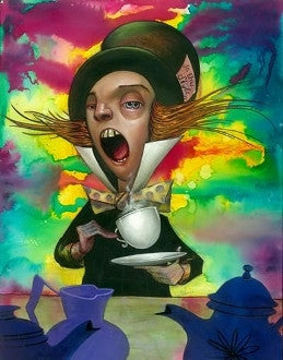 Mad Hatter in a green top hat, with an open mouth and orange hair, holds a teacup against vivid rainbow splashes.