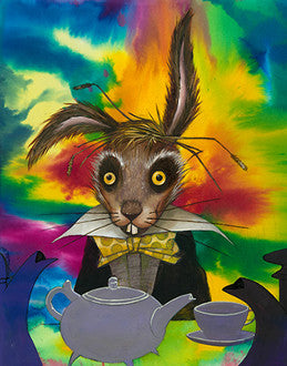 Wide-eyed March Hare wearing a yellow bow tie sits behind a teapot and cup against a vivid rainbow background.