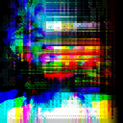 A woman's portrait is obscured by overlapping horizontal and vertical neon red, green, blue and yellow pixel-like bands.