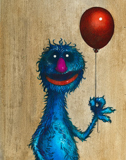 A smiling blue furry monster with a purple nose holds a red balloon against a textured beige background.