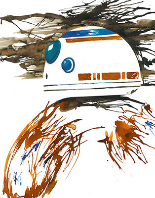 No. 32: BB-8's white dome and round body with orange and blue details, surrounded by brown and black paint splashes.