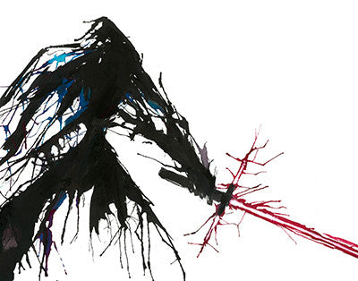 A black-cloaked, masked figure holds a red crossguard energy sword, its silhouette breaking into black and blue splashes.