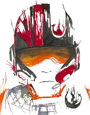 A red-and-white pilot helmet with an orange visor dissolves into red, gray and orange paint strokes.